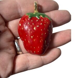 Enamel Strawberry Charm Pendant Gold Tone Red Green‎ Fruit Jewelry Making